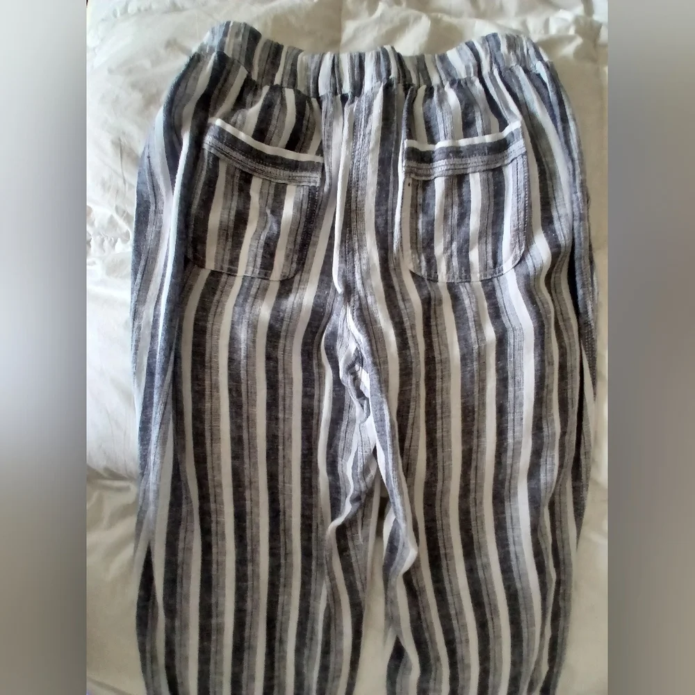 New. Linen/ Viscose Navy/white Striped Wide Straight Leg, Gather Elastic Waist - Picture 6 of 9